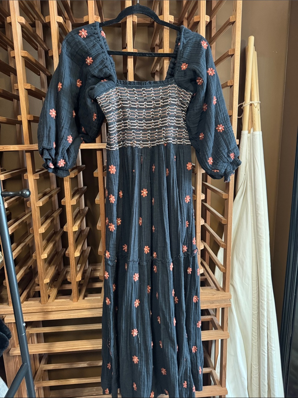 Free People Black Maxi Dress with Coral Floral Embroidery